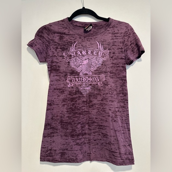 Women’s Harley Davidson Sz:S Heather Purple Lake Placid Babydoll Graphic Tee. - Picture 2 of 12
